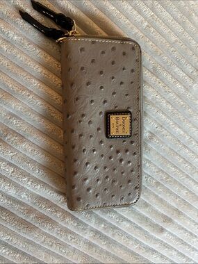 Dooney & Bourke Taupe Ostrich-Embossed Zip Phone Wallet with Wrist Strap